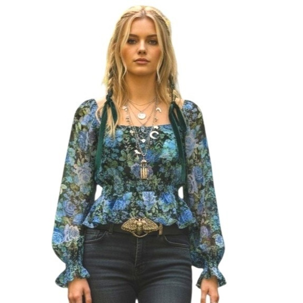 WAYF Romantic Floral Whimsy Women's Size Small Flowy Summer Peplum Open Back Top